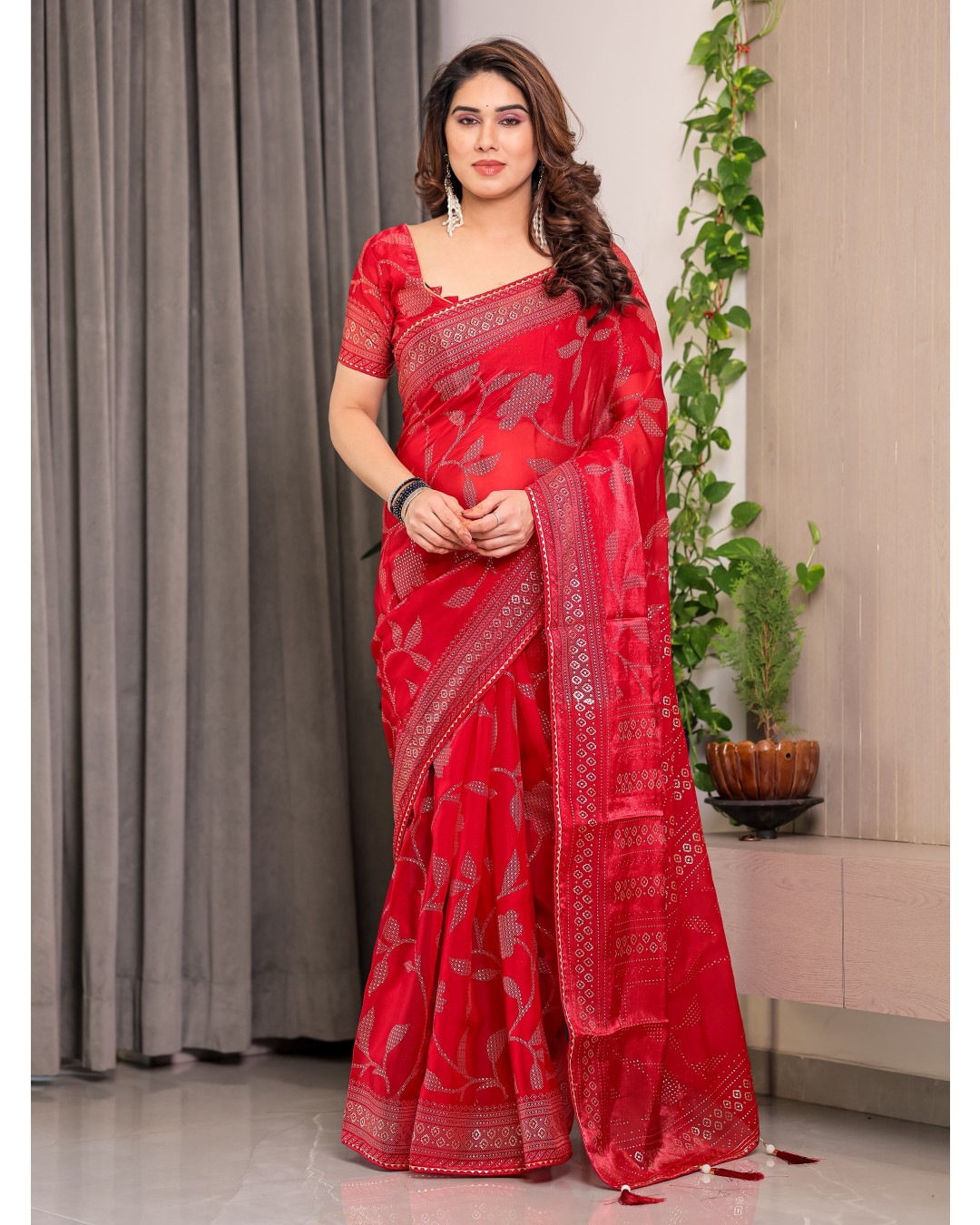 Fendy Satin Foil & Handblock Printed Saree with Triangle Lace Border and Tassels, Traditional Butti Motifs, 5.5m with 0.8m BP (Pack of 1)