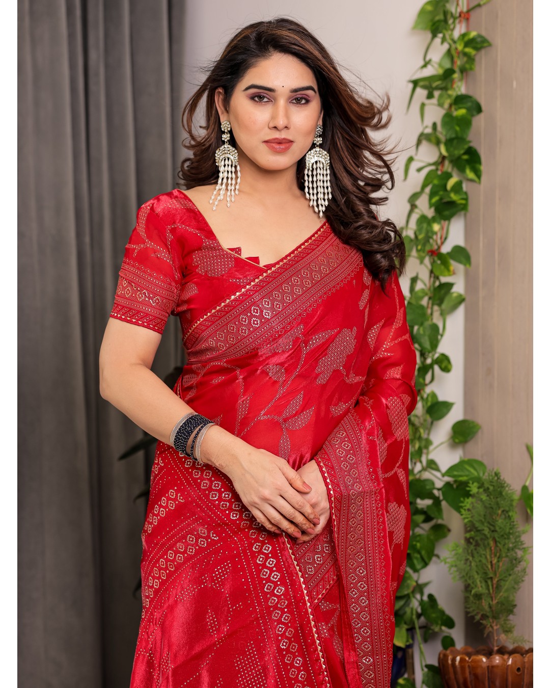 Fendy Satin Foil & Handblock Printed Saree with Triangle Lace Border and Tassels, Traditional Butti Motifs, 5.5m with 0.8m BP (Pack of 1)