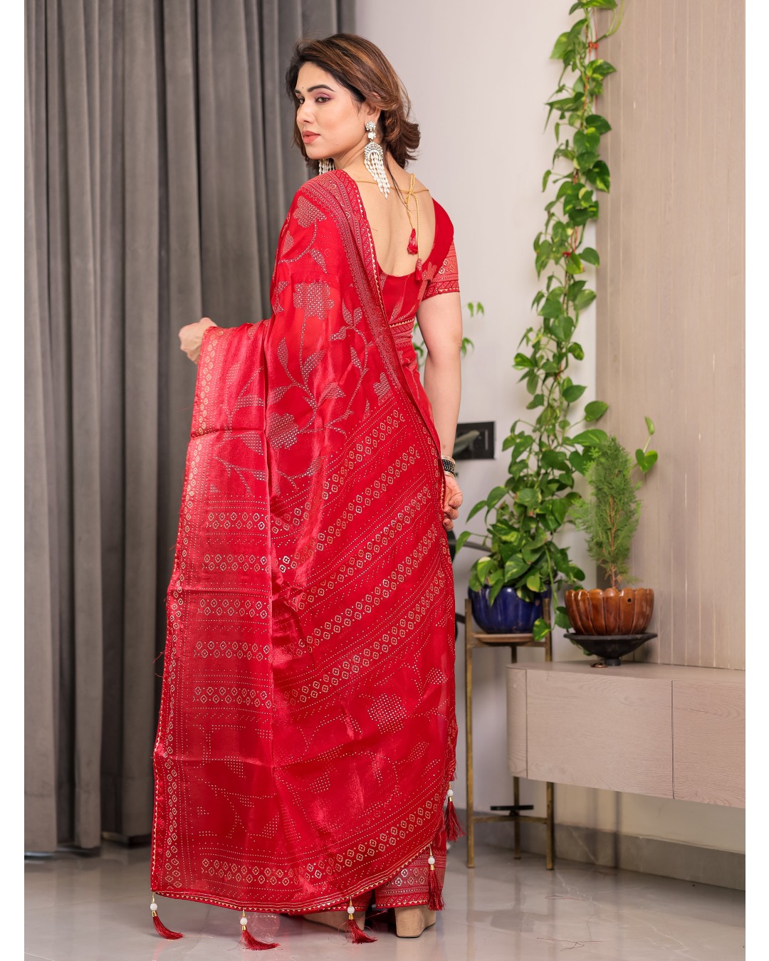 Fendy Satin Foil & Handblock Printed Saree with Triangle Lace Border and Tassels, Traditional Butti Motifs, 5.5m with 0.8m BP (Pack of 1)