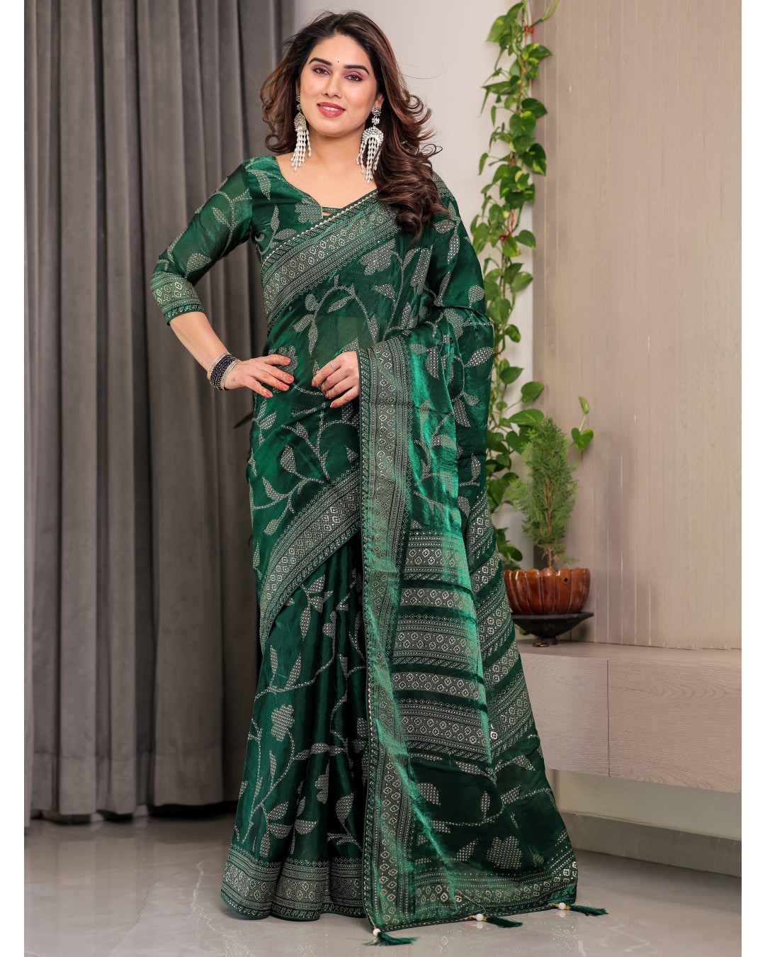 Fendy Satin Foil & Handblock Printed Saree with Triangle Lace Border and Tassels, Traditional Butti Motifs, 5.5m with 0.8m BP (Pack of 1)