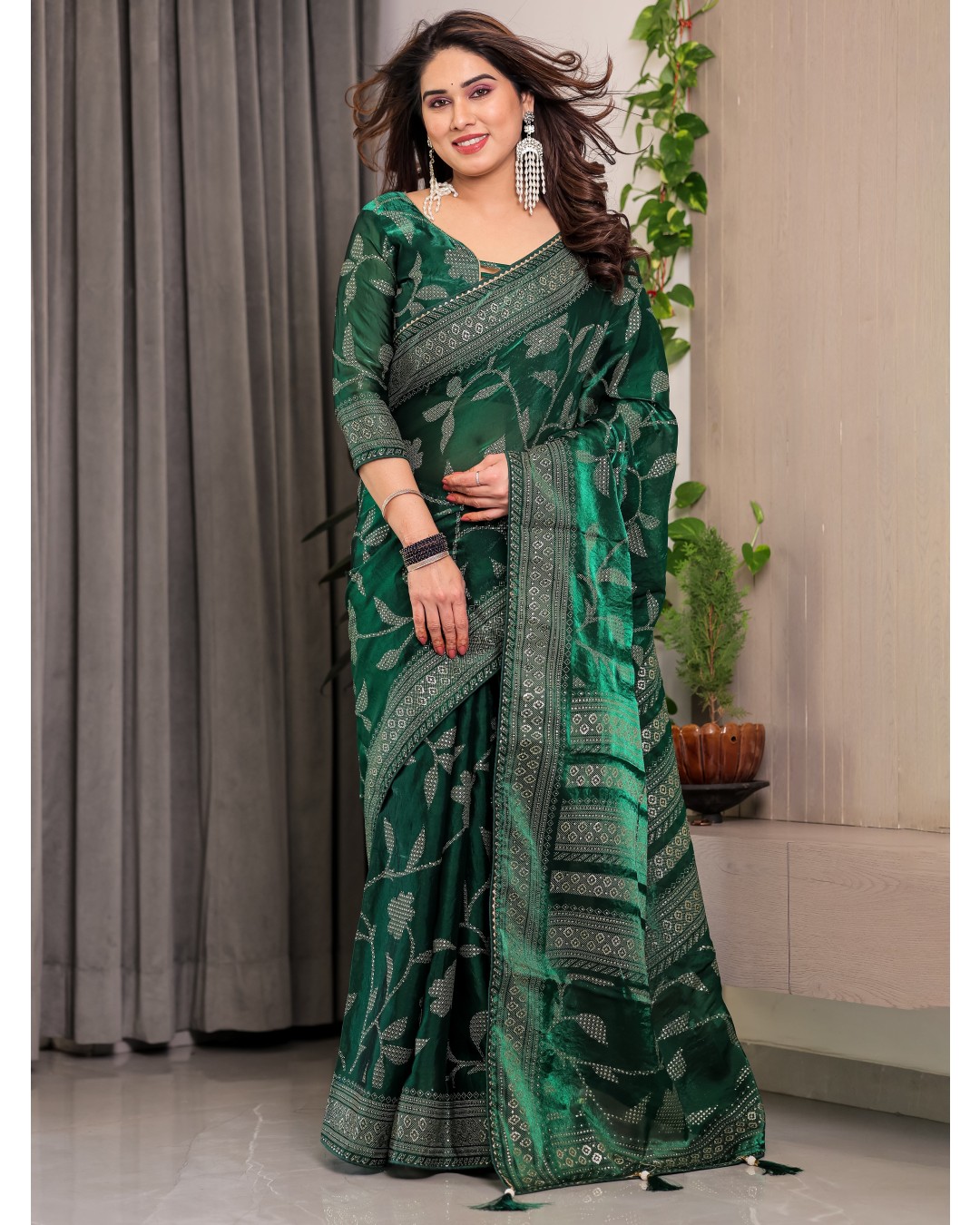 Fendy Satin Foil & Handblock Printed Saree with Triangle Lace Border and Tassels, Traditional Butti Motifs, 5.5m with 0.8m BP (Pack of 1)