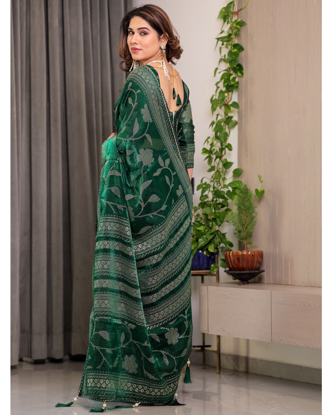 Fendy Satin Foil & Handblock Printed Saree with Triangle Lace Border and Tassels, Traditional Butti Motifs, 5.5m with 0.8m BP (Pack of 1)