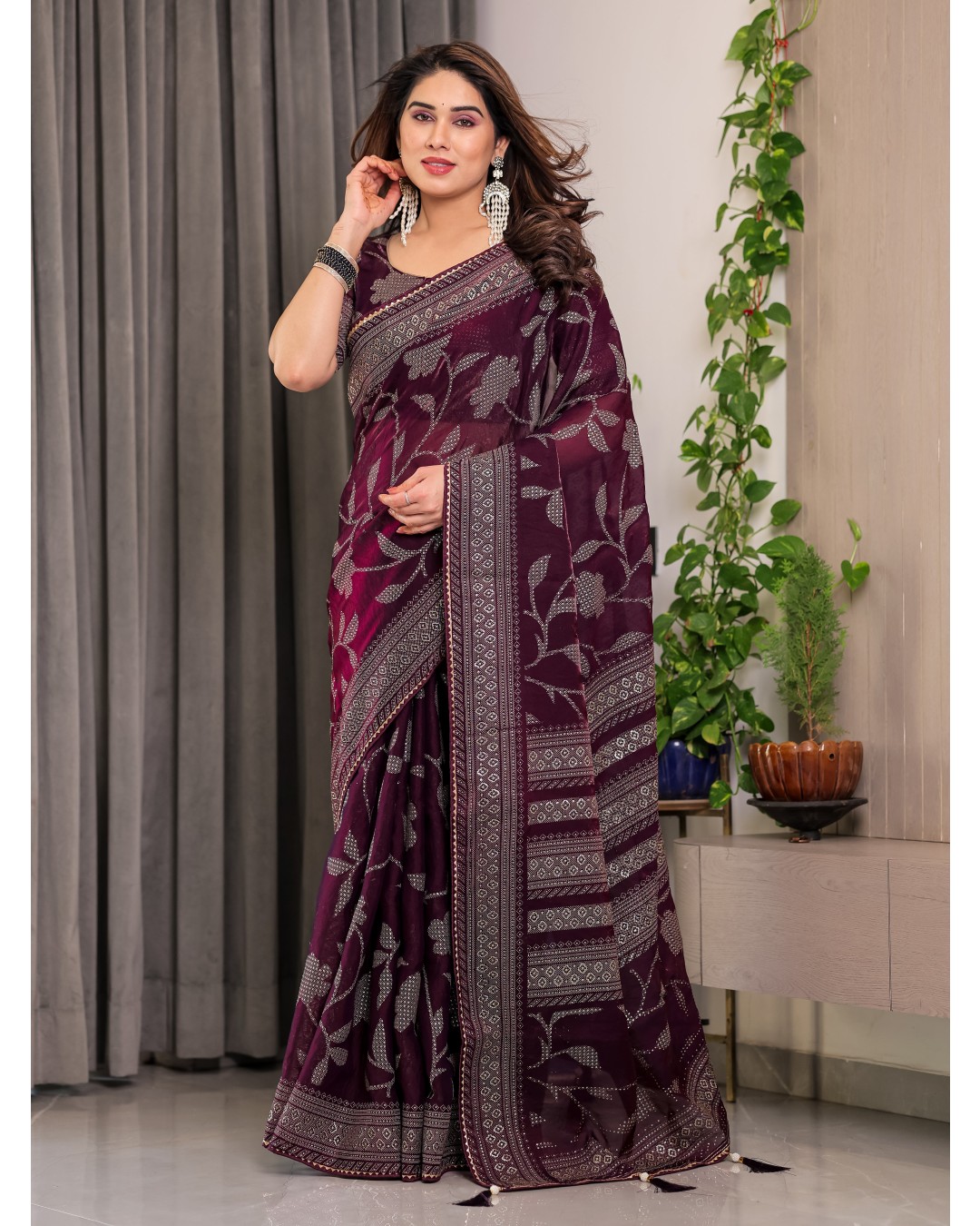 Fendy Satin Foil & Handblock Printed Saree with Triangle Lace Border and Tassels, Traditional Butti Motifs, 5.5m with 0.8m BP (Pack of 1)