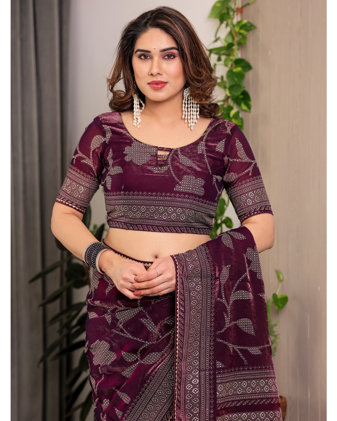 Fendy Satin Foil & Handblock Printed Saree with Triangle Lace Border and Tassels, Traditional Butti Motifs, 5.5m with 0.8m BP (Pack of 1)