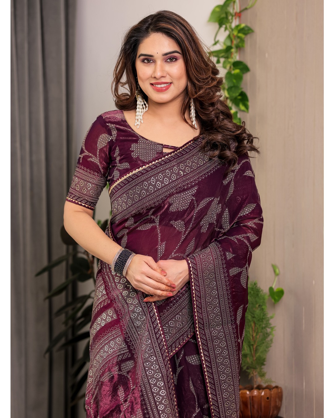 Fendy Satin Foil & Handblock Printed Saree with Triangle Lace Border and Tassels, Traditional Butti Motifs, 5.5m with 0.8m BP (Pack of 1)