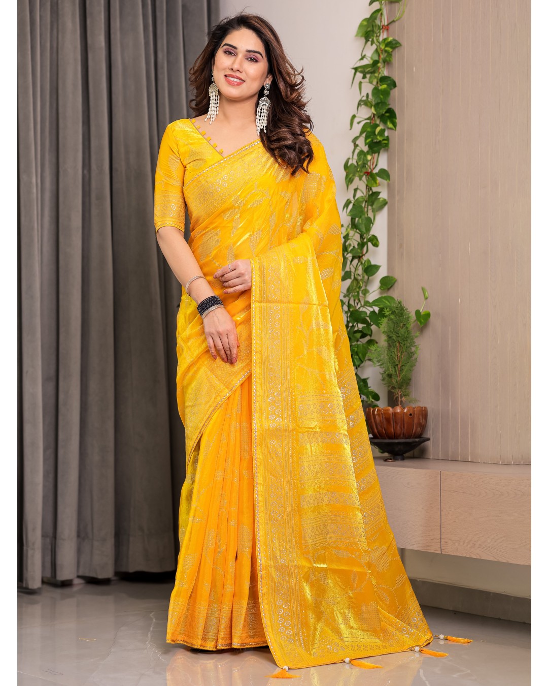 Fendy Satin Foil & Handblock Printed Saree with Triangle Lace Border and Tassels, Traditional Butti Motifs, 5.5m with 0.8m BP (Pack of 1)