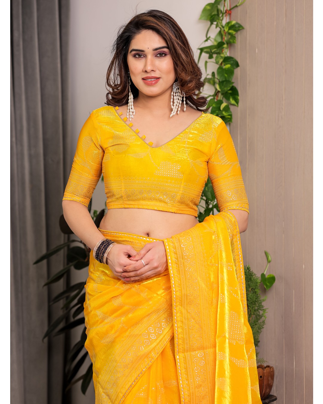 Fendy Satin Foil & Handblock Printed Saree with Triangle Lace Border and Tassels, Traditional Butti Motifs, 5.5m with 0.8m BP (Pack of 1)