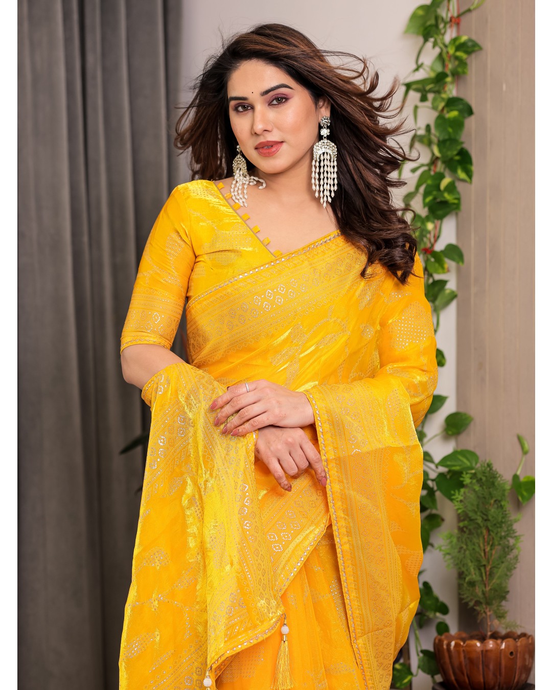 Fendy Satin Foil & Handblock Printed Saree with Triangle Lace Border and Tassels, Traditional Butti Motifs, 5.5m with 0.8m BP (Pack of 1)