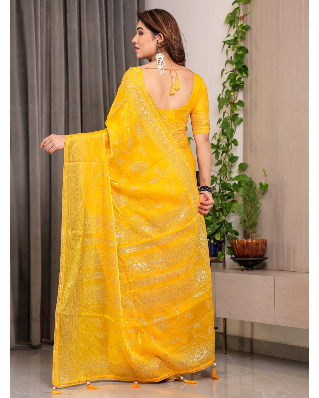 Fendy Satin Foil & Handblock Printed Saree with Triangle Lace Border and Tassels, Traditional Butti Motifs, 5.5m with 0.8m BP (Pack of 1)