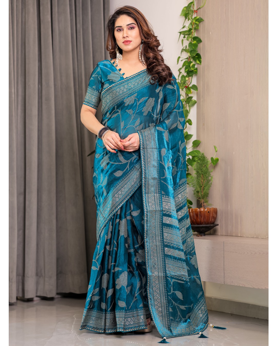 Fendy Satin Foil & Handblock Printed Saree with Triangle Lace Border and Tassels, Traditional Butti Motifs, 5.5m with 0.8m BP (Pack of 1)