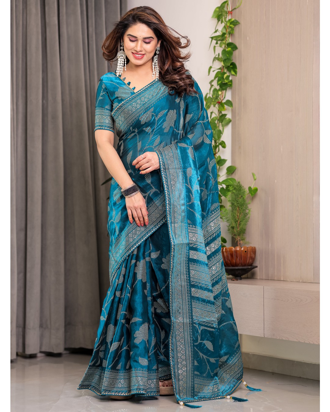 Fendy Satin Foil & Handblock Printed Saree with Triangle Lace Border and Tassels, Traditional Butti Motifs, 5.5m with 0.8m BP (Pack of 1)