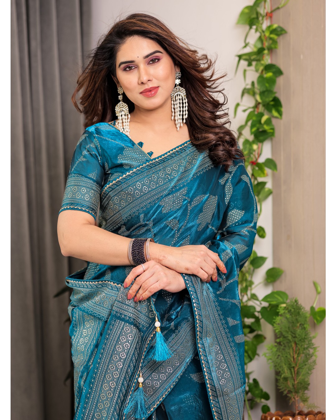 Fendy Satin Foil & Handblock Printed Saree with Triangle Lace Border and Tassels, Traditional Butti Motifs, 5.5m with 0.8m BP (Pack of 1)