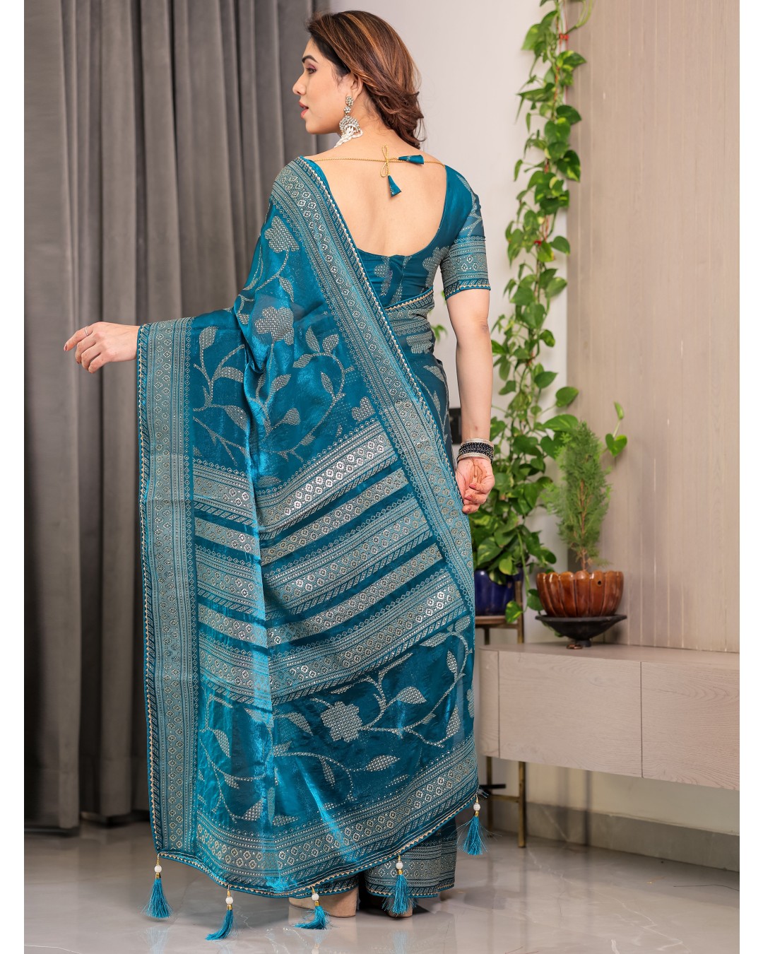 Fendy Satin Foil & Handblock Printed Saree with Triangle Lace Border and Tassels, Traditional Butti Motifs, 5.5m with 0.8m BP (Pack of 1)