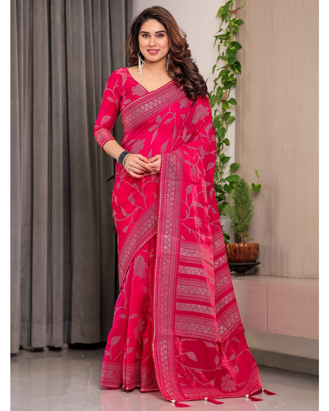 Fendy Satin Foil & Handblock Printed Saree with Triangle Lace Border and Tassels, Traditional Butti Motifs, 5.5m with 0.8m BP (Pack of 1)