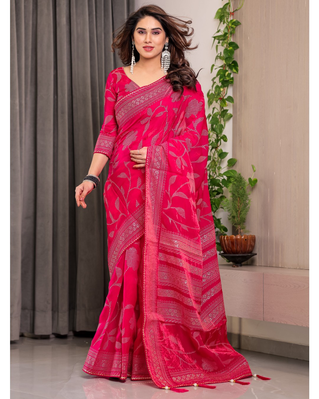 Fendy Satin Foil & Handblock Printed Saree with Triangle Lace Border and Tassels, Traditional Butti Motifs, 5.5m with 0.8m BP (Pack of 1)