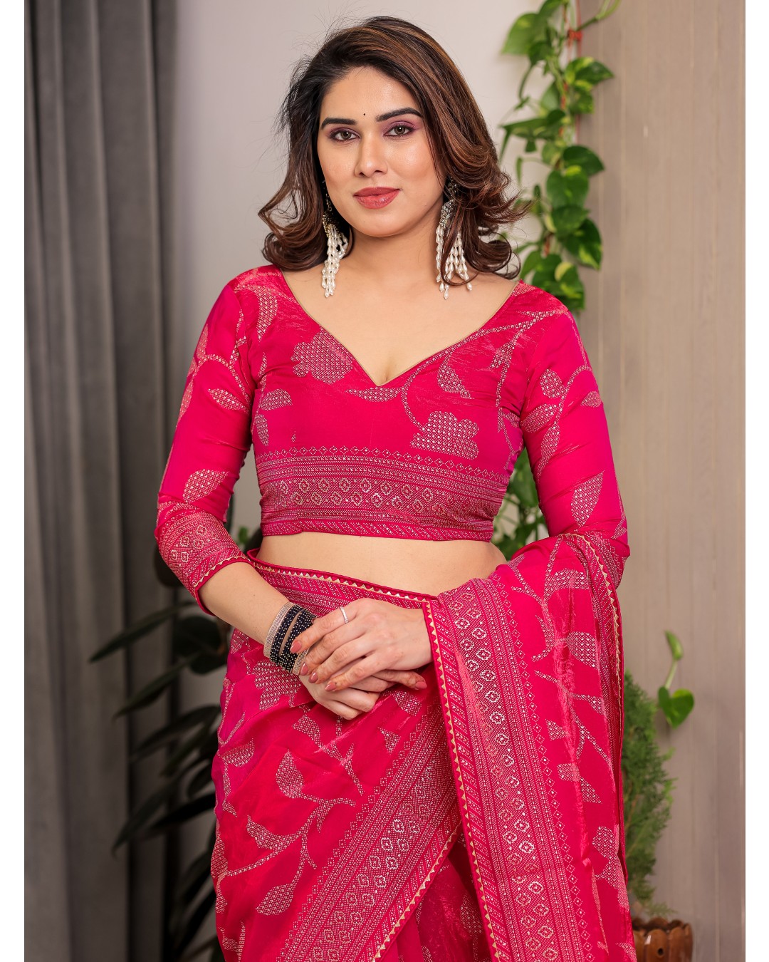 Fendy Satin Foil & Handblock Printed Saree with Triangle Lace Border and Tassels, Traditional Butti Motifs, 5.5m with 0.8m BP (Pack of 1)