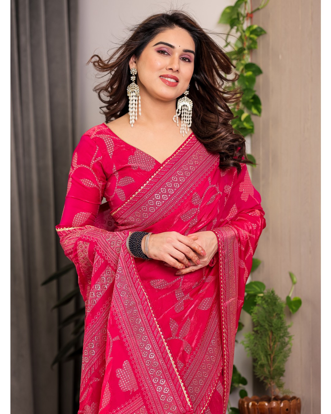 Fendy Satin Foil & Handblock Printed Saree with Triangle Lace Border and Tassels, Traditional Butti Motifs, 5.5m with 0.8m BP (Pack of 1)