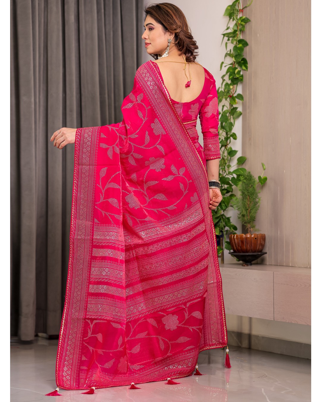 Fendy Satin Foil & Handblock Printed Saree with Triangle Lace Border and Tassels, Traditional Butti Motifs, 5.5m with 0.8m BP (Pack of 1)