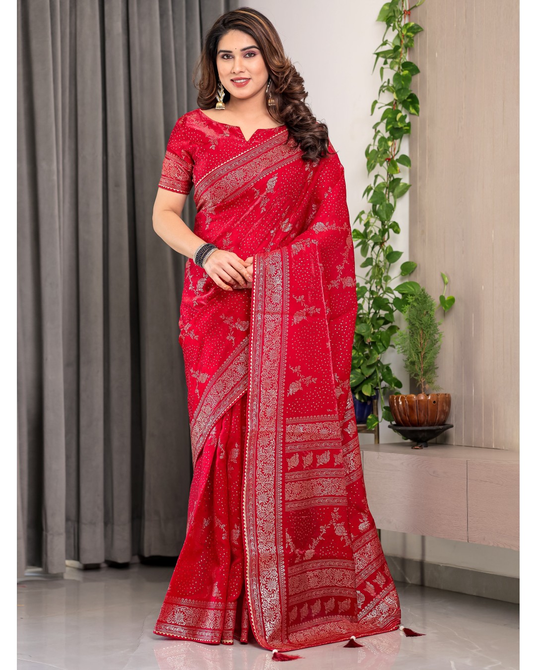 Fendi Satin Block & Foil Print Saree with Floral Motifs, Attached Blouse & Tassel Pallu (Pack of 1)