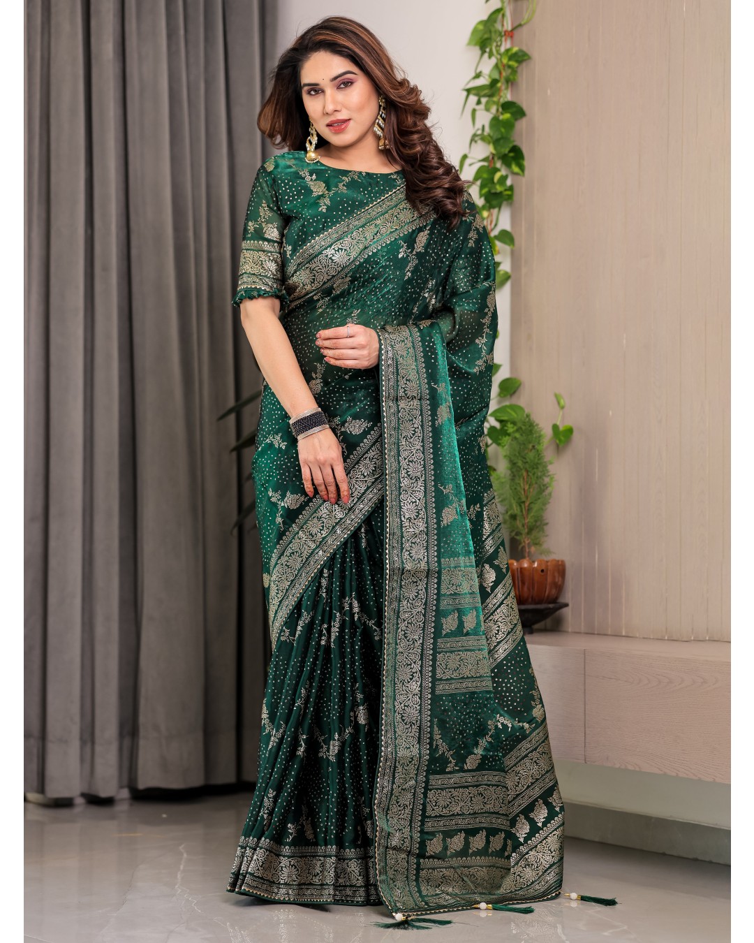 Fendi Satin Block & Foil Print Saree with Floral Motifs, Attached Blouse & Tassel Pallu (Pack of 1)