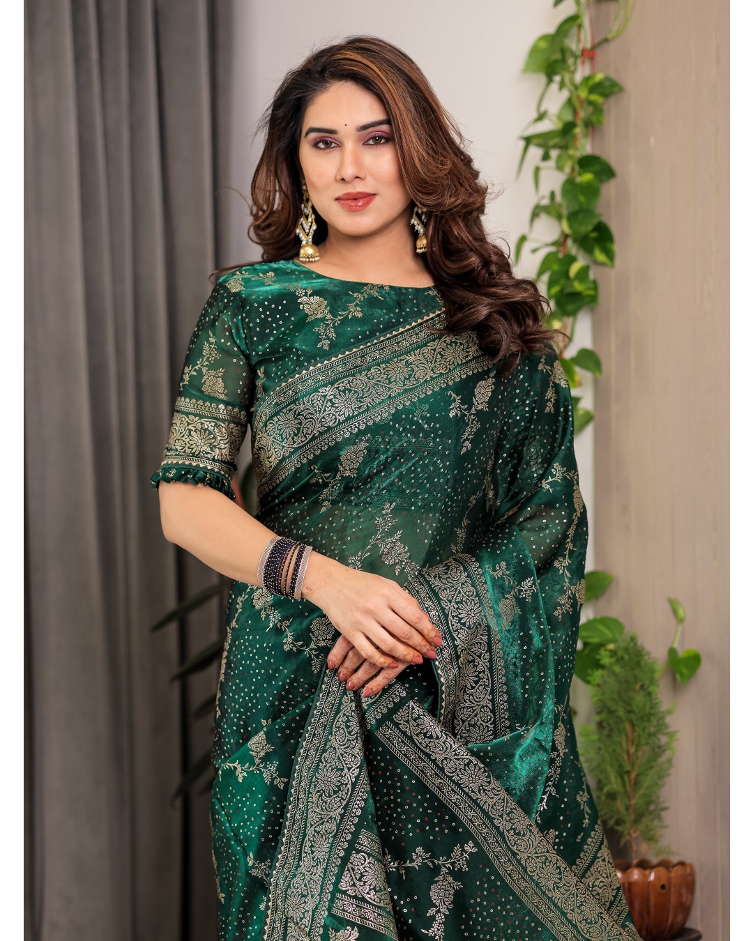 Fendi Satin Block & Foil Print Saree with Floral Motifs, Attached Blouse & Tassel Pallu (Pack of 1)