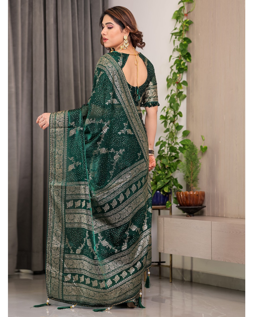 Fendi Satin Block & Foil Print Saree with Floral Motifs, Attached Blouse & Tassel Pallu (Pack of 1)