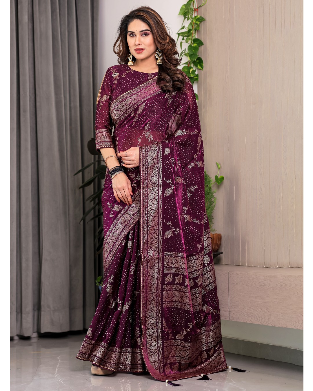 Fendi Satin Block & Foil Print Saree with Floral Motifs, Attached Blouse & Tassel Pallu (Pack of 1)