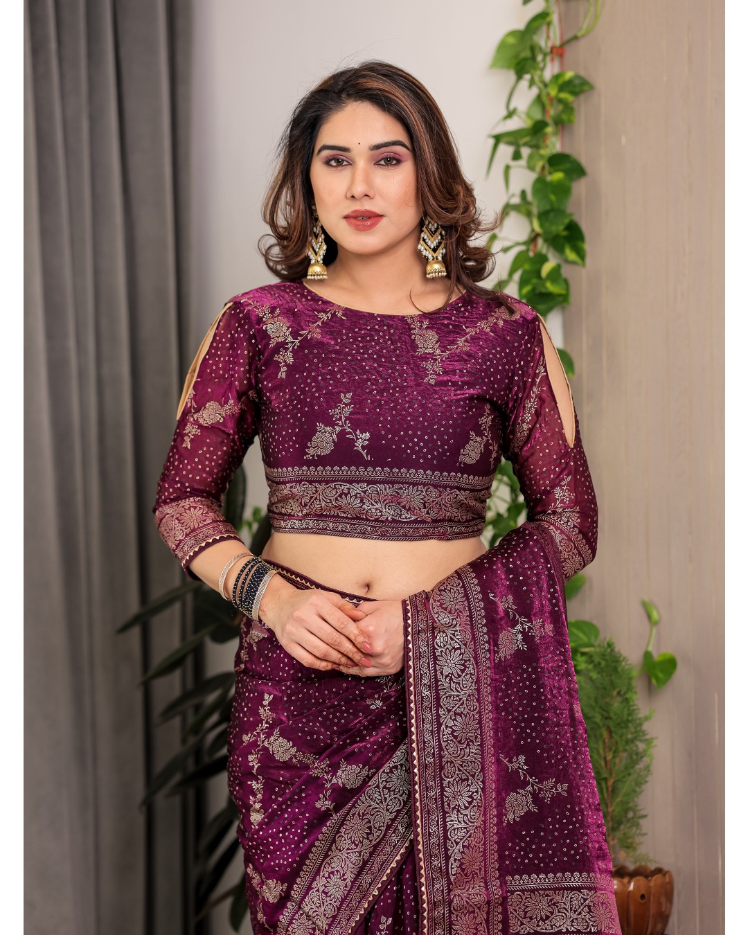 Fendi Satin Block & Foil Print Saree with Floral Motifs, Attached Blouse & Tassel Pallu (Pack of 1)