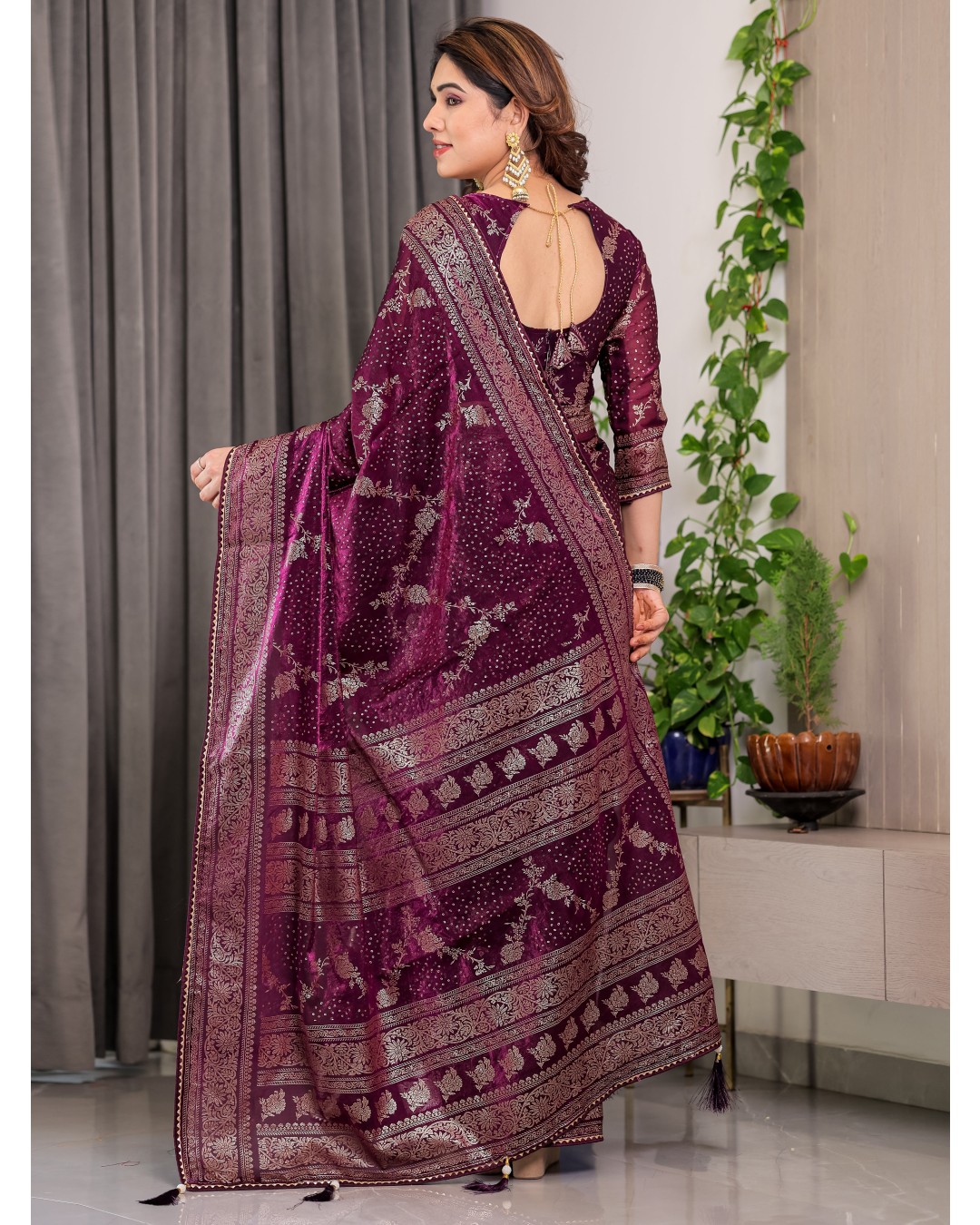 Fendi Satin Block & Foil Print Saree with Floral Motifs, Attached Blouse & Tassel Pallu (Pack of 1)