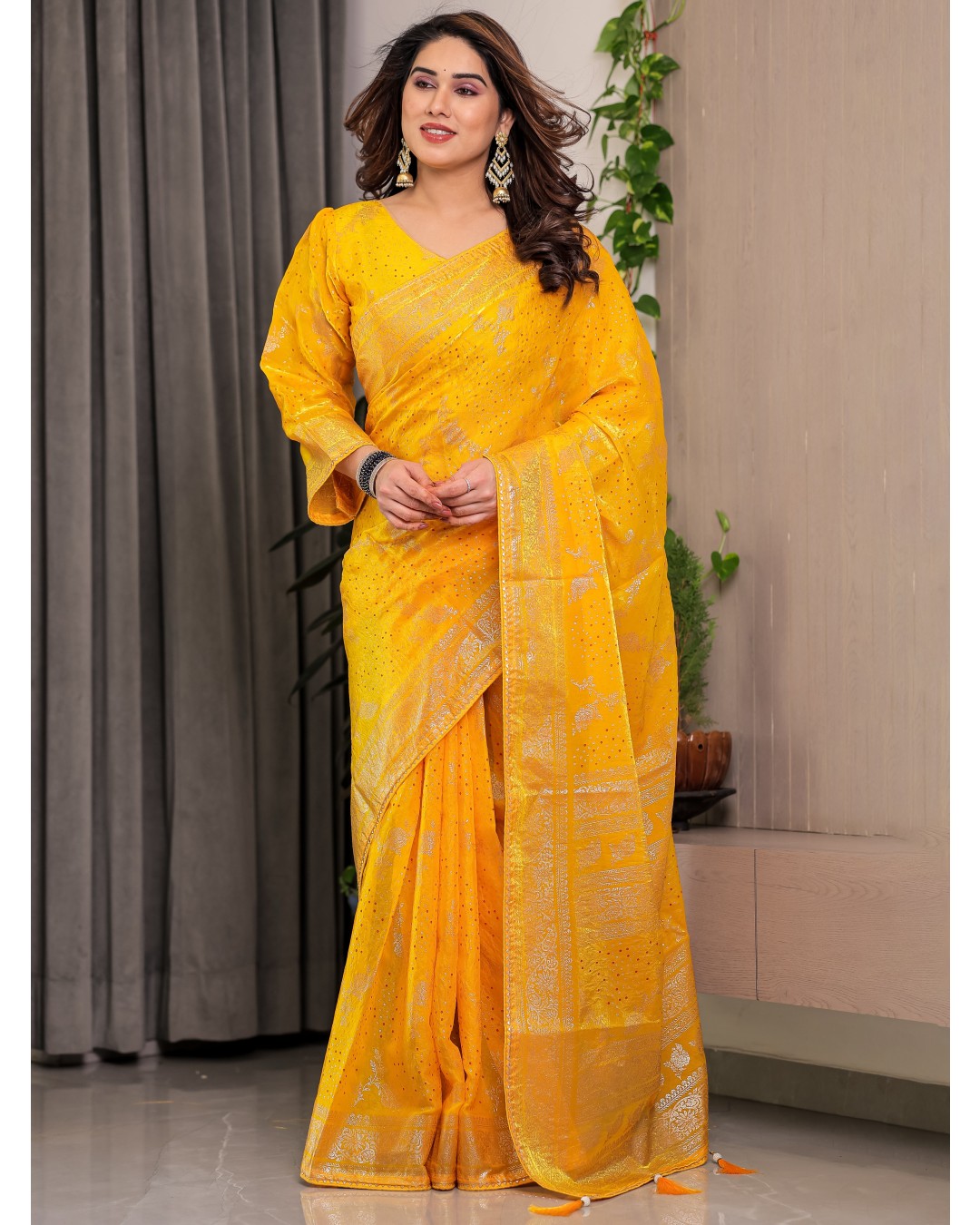 Fendi Satin Block & Foil Print Saree with Floral Motifs, Attached Blouse & Tassel Pallu (Pack of 1)