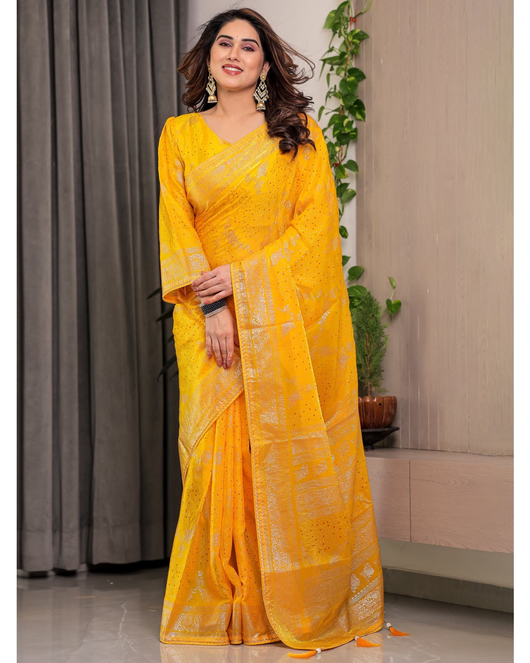 Fendi Satin Block & Foil Print Saree with Floral Motifs, Attached Blouse & Tassel Pallu (Pack of 1)