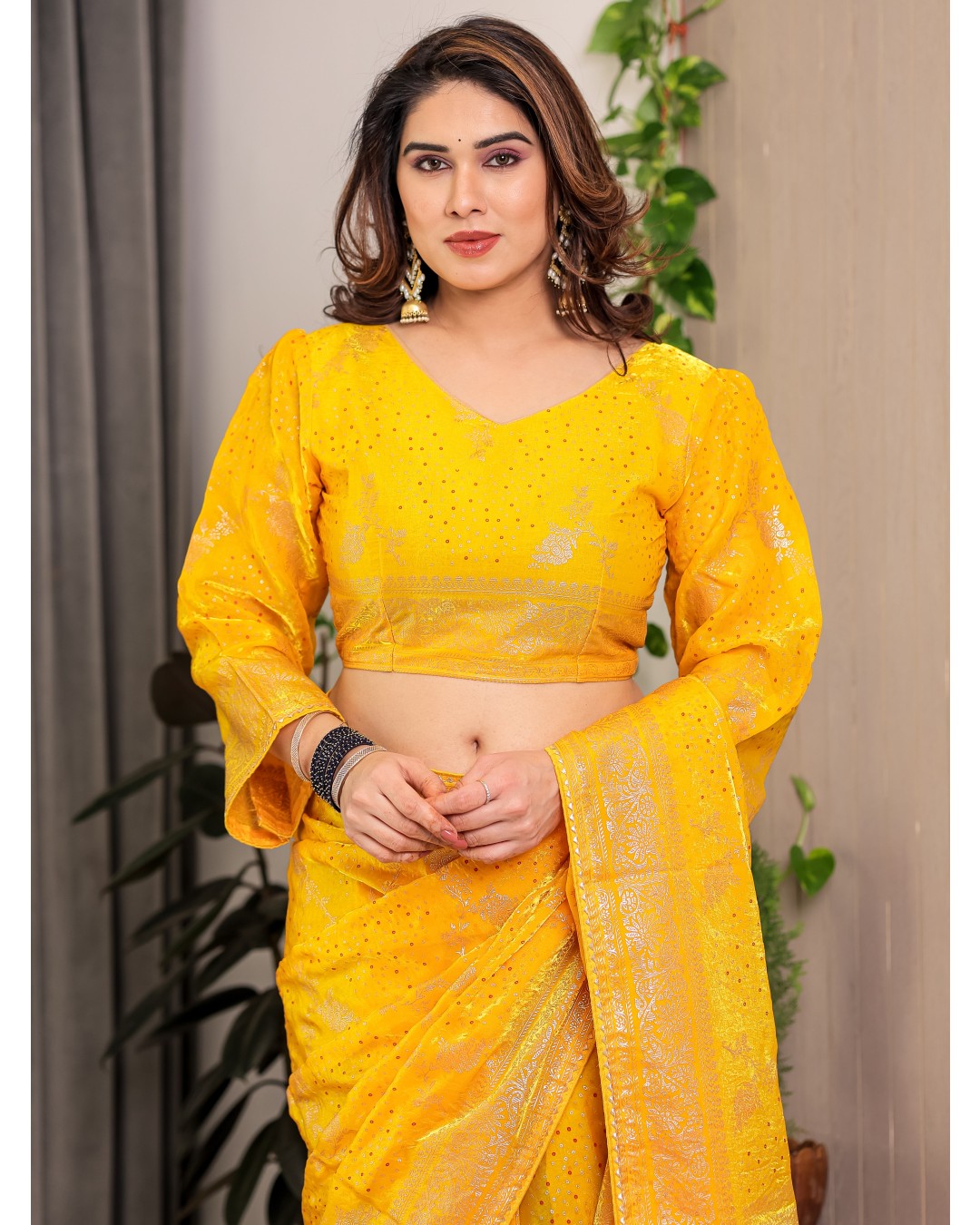 Fendi Satin Block & Foil Print Saree with Floral Motifs, Attached Blouse & Tassel Pallu (Pack of 1)