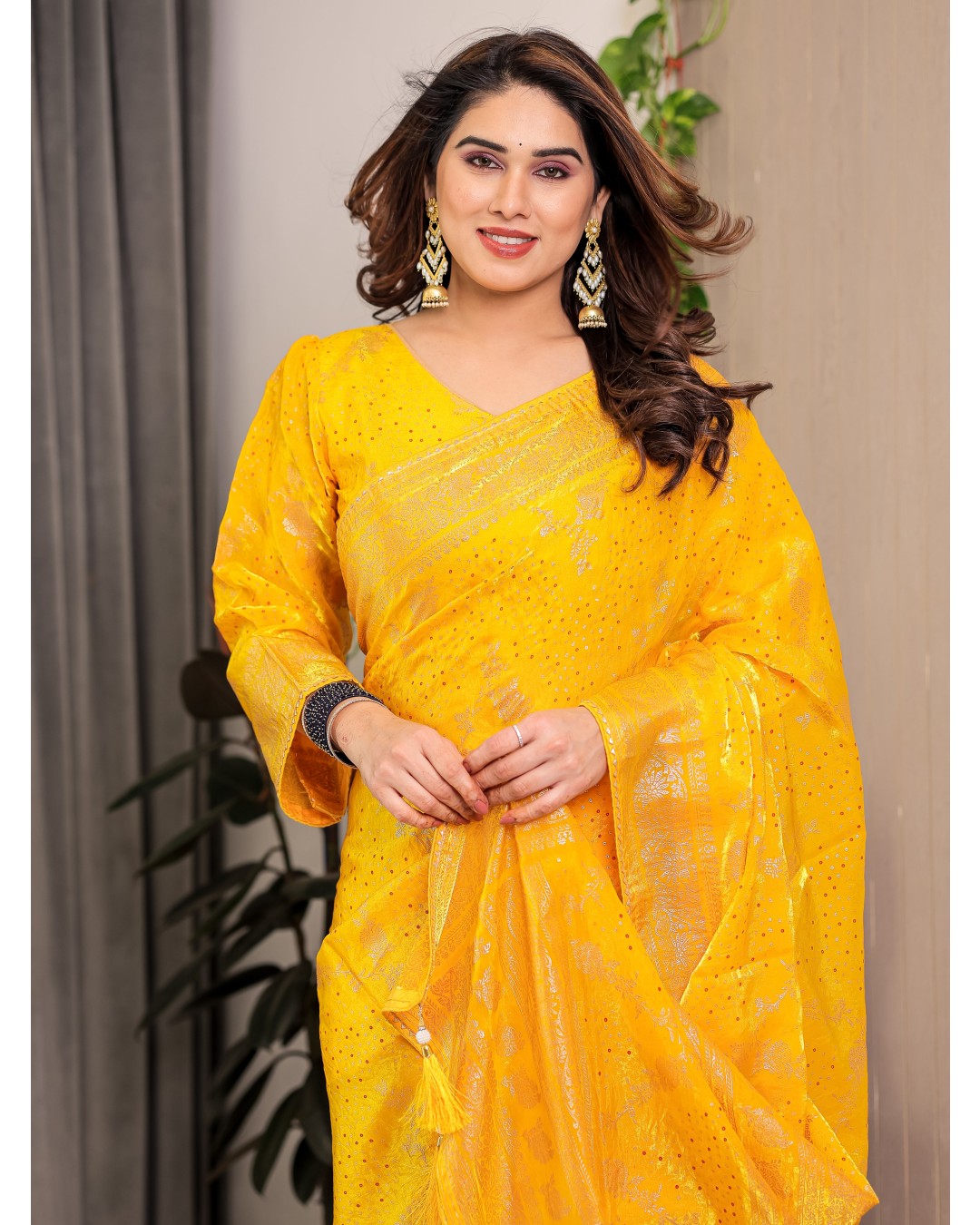 Fendi Satin Block & Foil Print Saree with Floral Motifs, Attached Blouse & Tassel Pallu (Pack of 1)