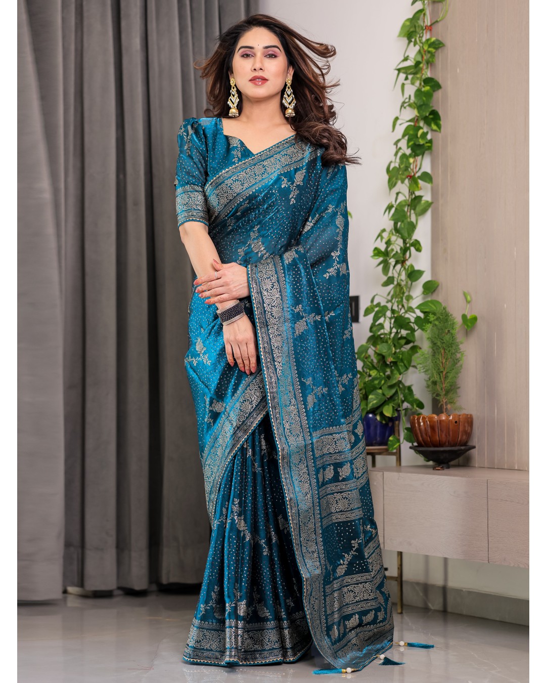 Fendi Satin Block & Foil Print Saree with Floral Motifs, Attached Blouse & Tassel Pallu (Pack of 1)