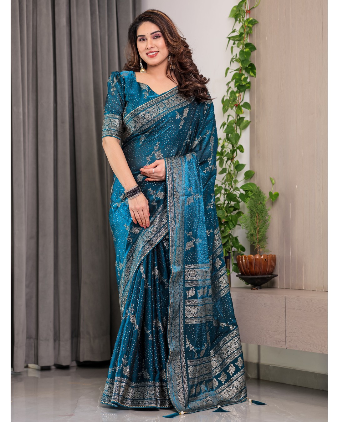 Fendi Satin Block & Foil Print Saree with Floral Motifs, Attached Blouse & Tassel Pallu (Pack of 1)