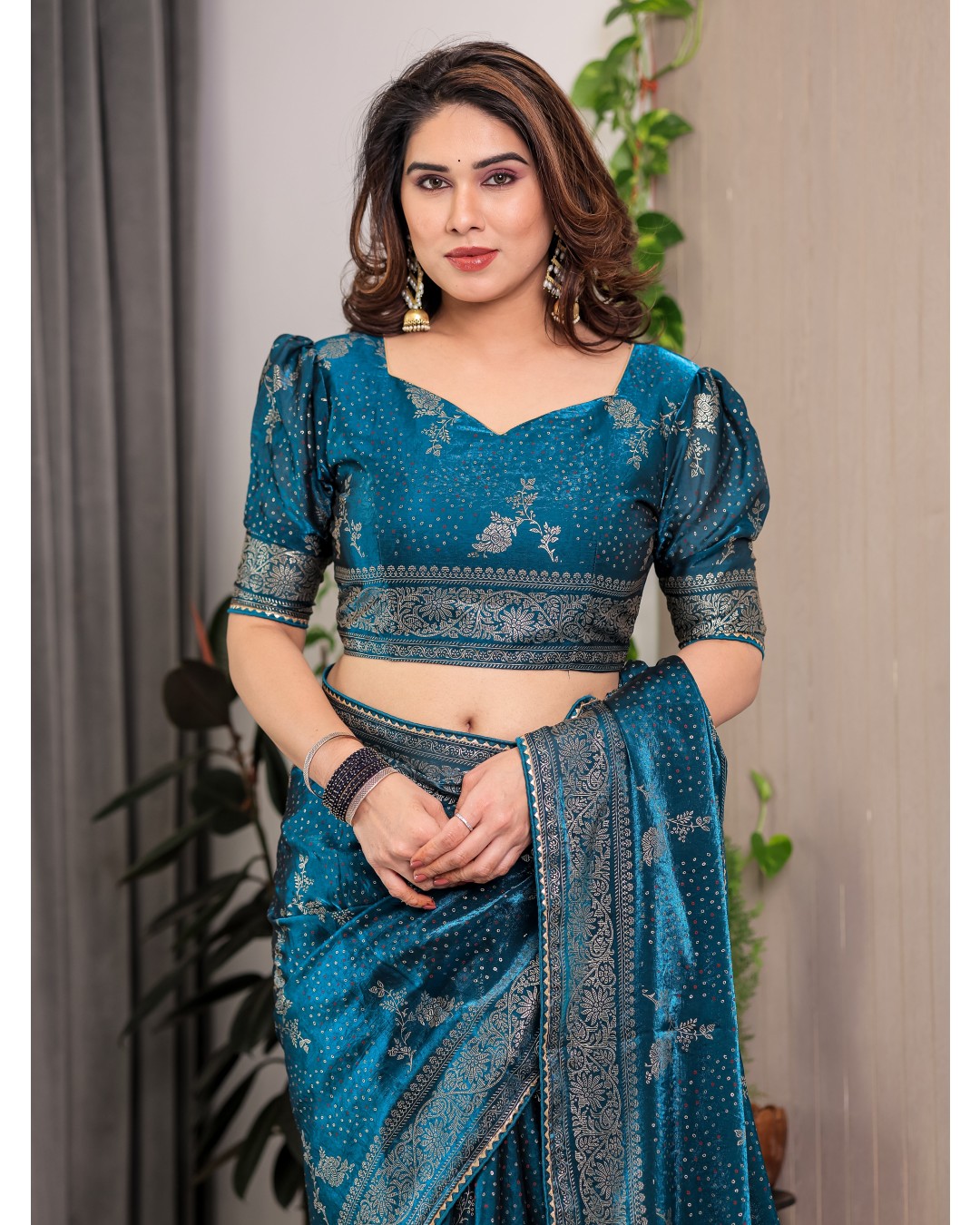 Fendi Satin Block & Foil Print Saree with Floral Motifs, Attached Blouse & Tassel Pallu (Pack of 1)