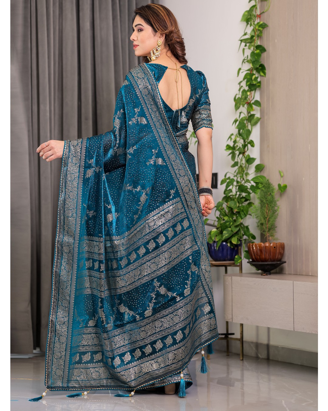 Fendi Satin Block & Foil Print Saree with Floral Motifs, Attached Blouse & Tassel Pallu (Pack of 1)