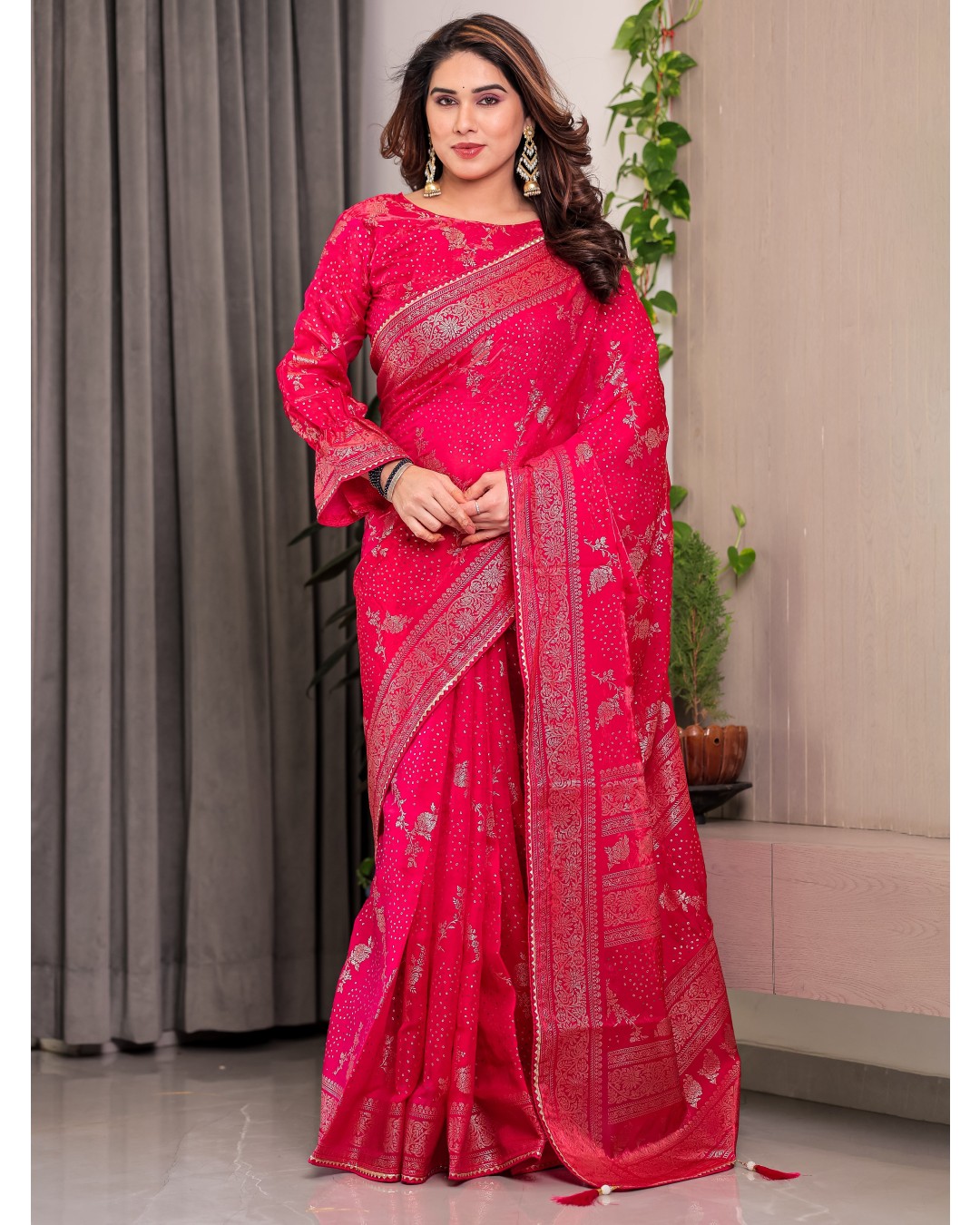 Fendi Satin Block & Foil Print Saree with Floral Motifs, Attached Blouse & Tassel Pallu (Pack of 1)