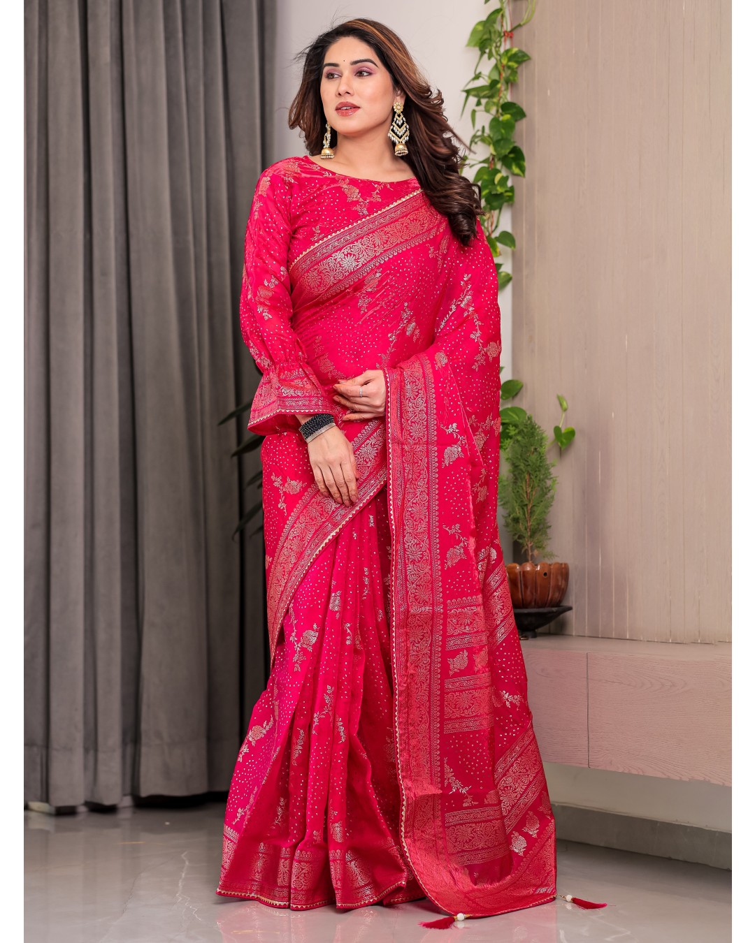 Fendi Satin Block & Foil Print Saree with Floral Motifs, Attached Blouse & Tassel Pallu (Pack of 1)