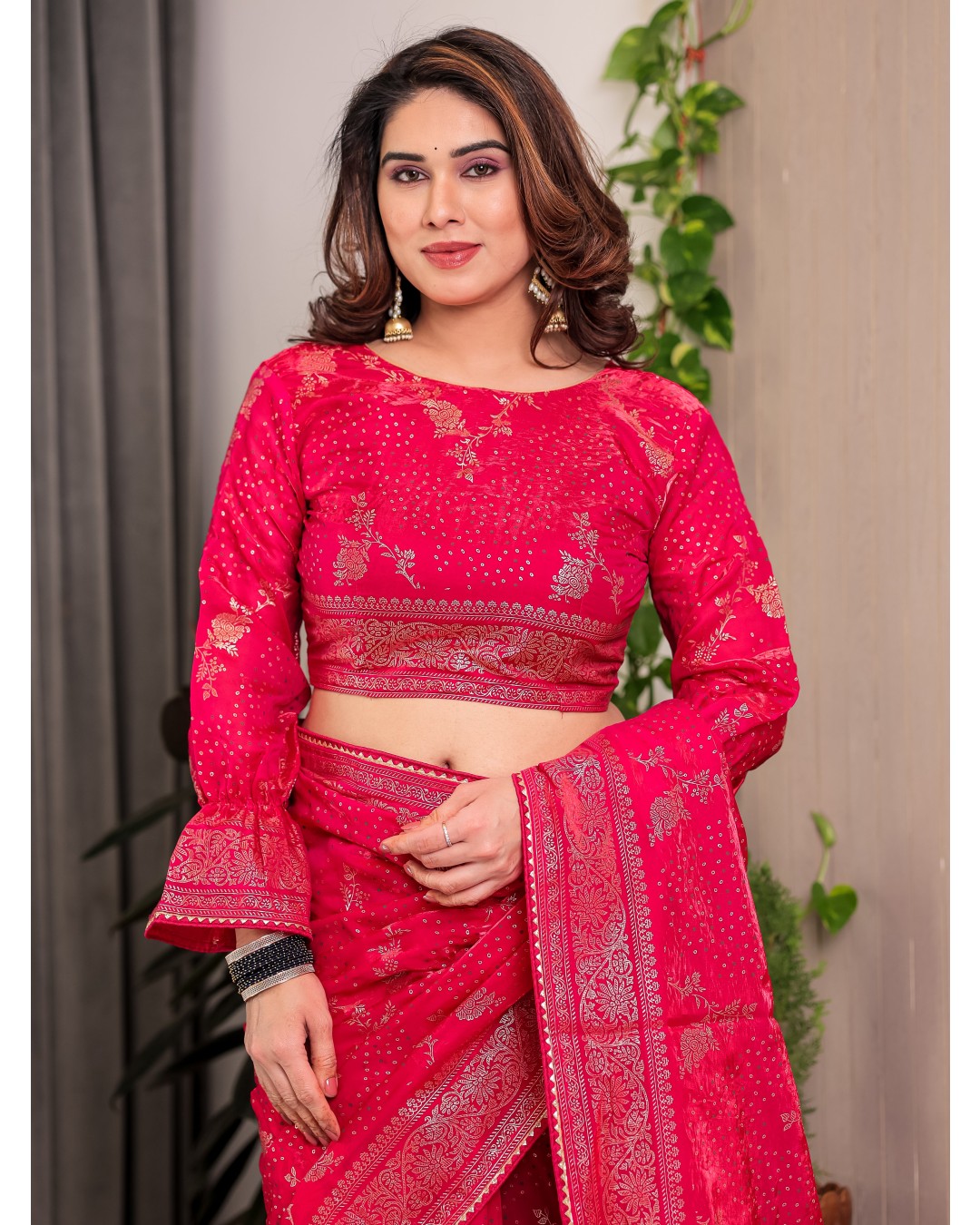 Fendi Satin Block & Foil Print Saree with Floral Motifs, Attached Blouse & Tassel Pallu (Pack of 1)