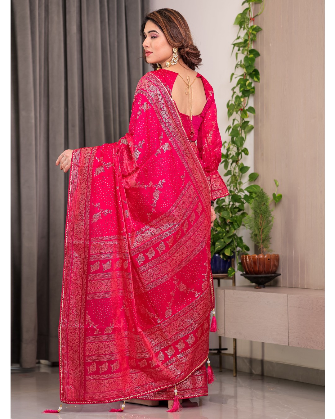 Fendi Satin Block & Foil Print Saree with Floral Motifs, Attached Blouse & Tassel Pallu (Pack of 1)