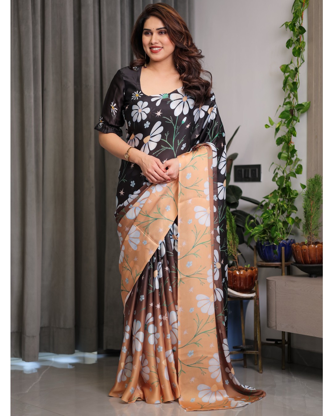 Floral Print Satin Georgette Saree with Designer Attached BP (Pack of 1)