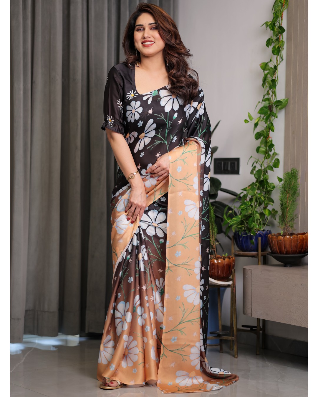 Floral Print Satin Georgette Saree with Designer Attached BP (Pack of 1)