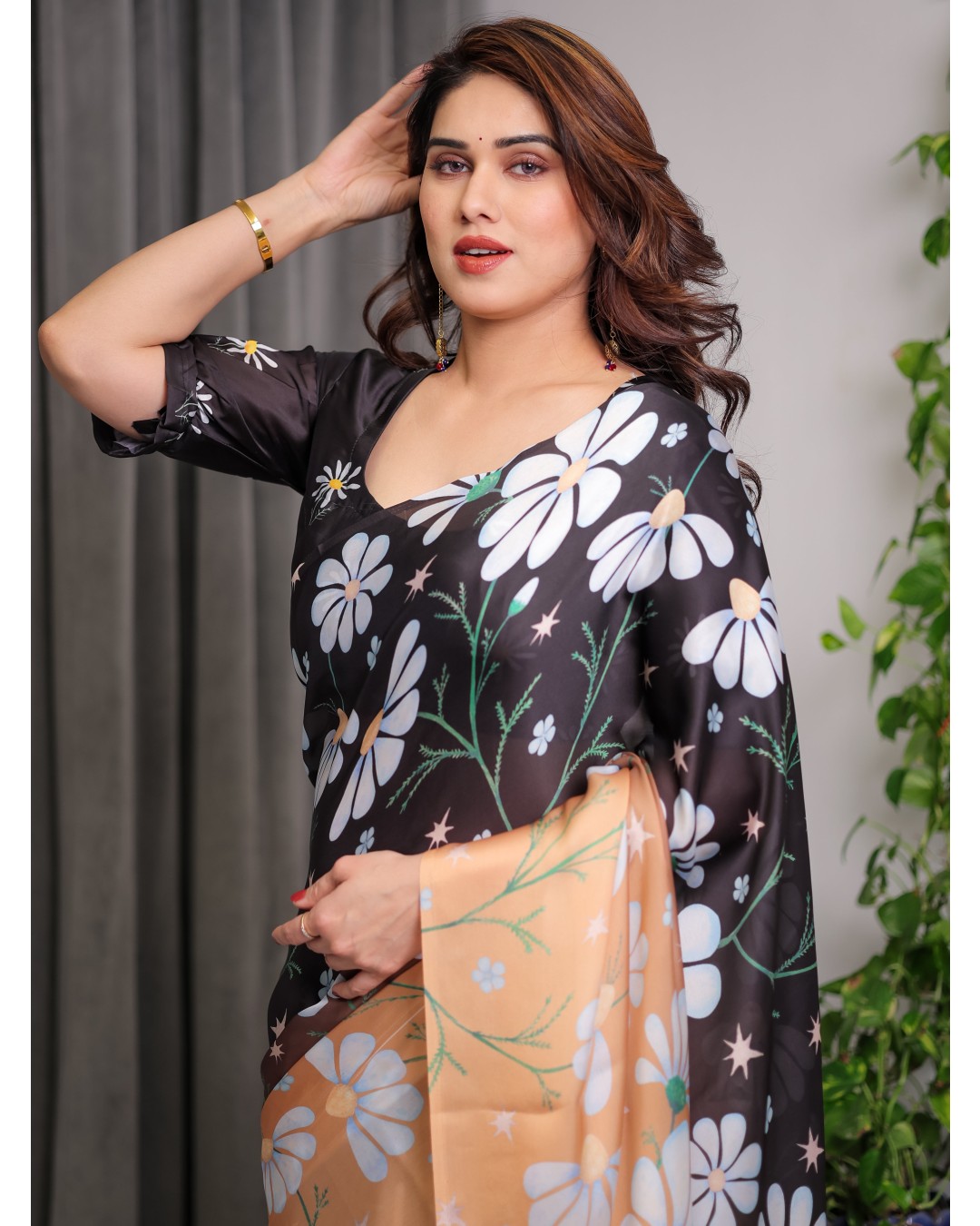 Floral Print Satin Georgette Saree with Designer Attached BP (Pack of 1)