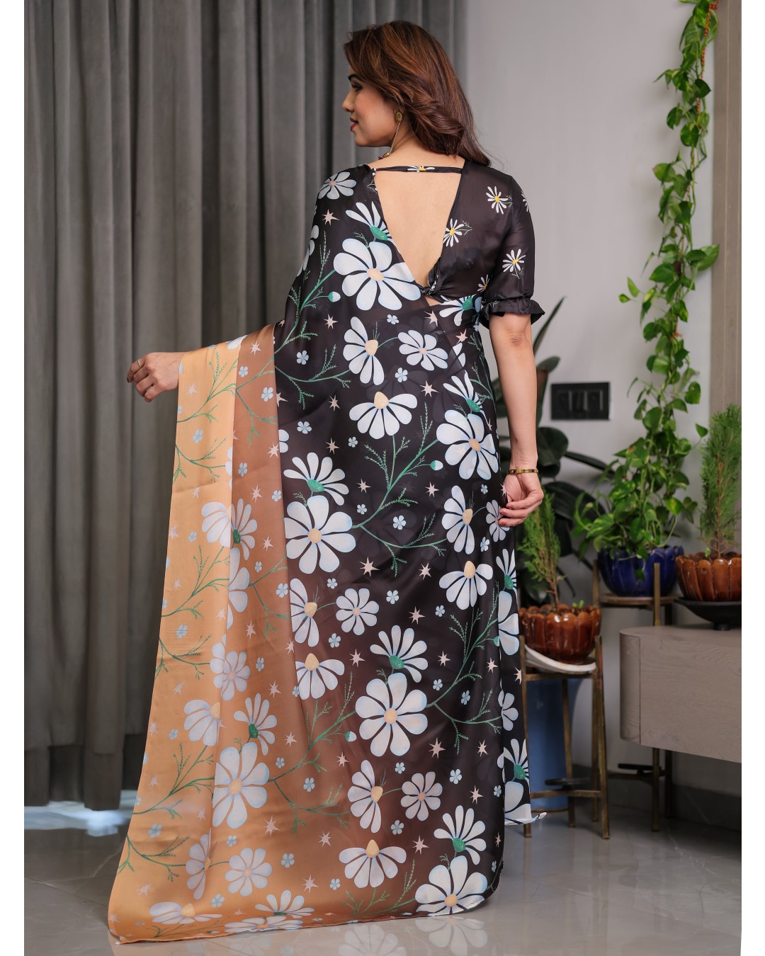 Floral Print Satin Georgette Saree with Designer Attached BP (Pack of 1)