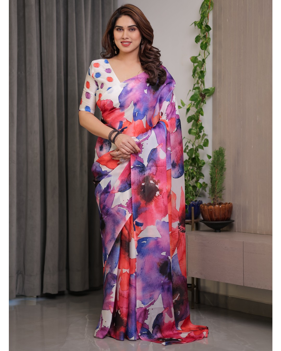 Floral Print Satin Georgette Saree with Designer Attached BP (Pack of 1)