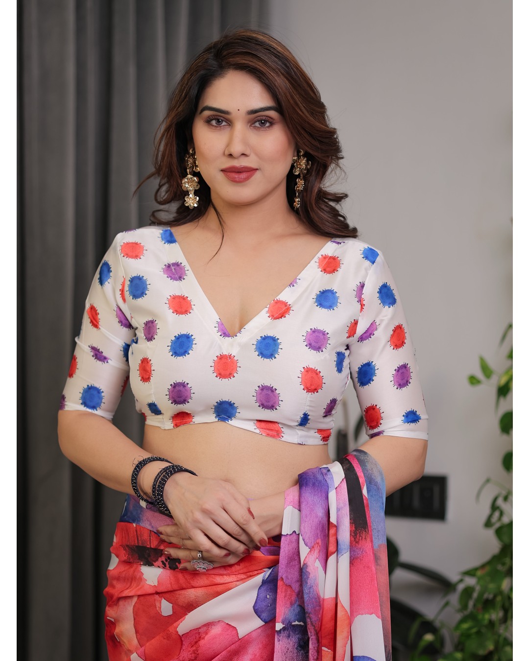 Floral Print Satin Georgette Saree with Designer Attached BP (Pack of 1)