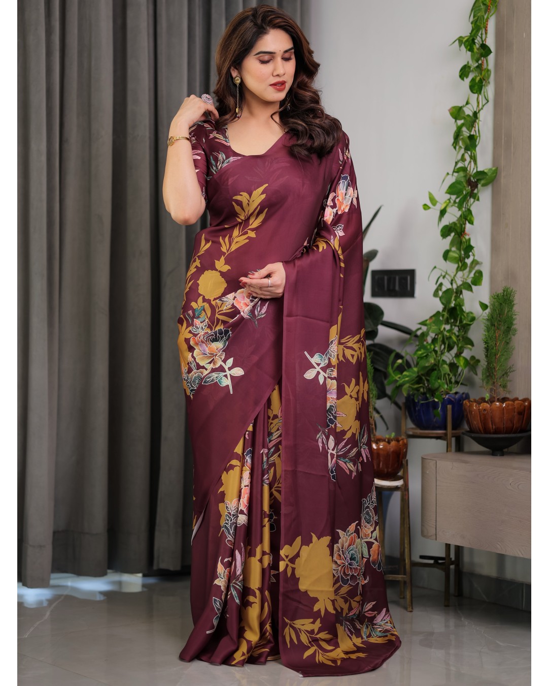 Floral Print Satin Georgette Saree with Designer Attached BP (Pack of 1)