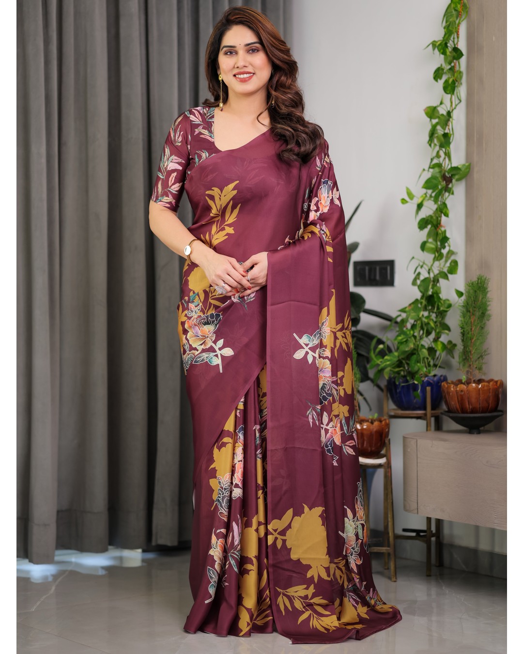 Floral Print Satin Georgette Saree with Designer Attached BP (Pack of 1)