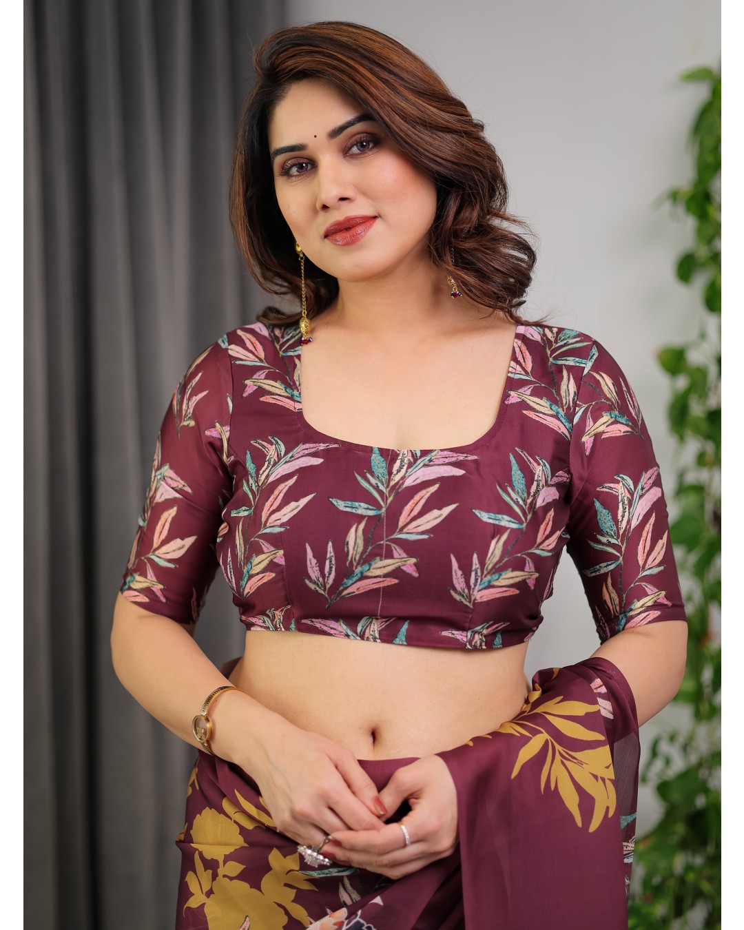 Floral Print Satin Georgette Saree with Designer Attached BP (Pack of 1)